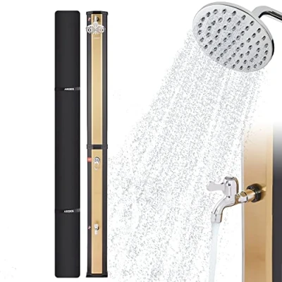 Imagen de Arebos Ducha Solar 35 L con termómetro Integrado y de pie rociador Redondo técnica Encaje Temperatura del Agua hasta 60C Incl. Material fijación Tapa Negro Oro