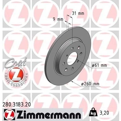 Imagen de ZIMMERMANN COAT Z 280.3183.20 Disco de freno 260 9 8/4 4 100 macizo revestido HONDA: Jazz 3, Insight II Hatchback