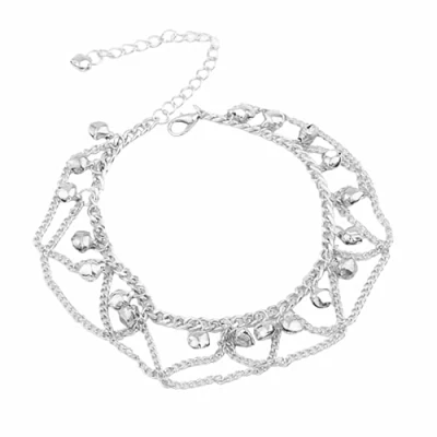 Imagen de Tobillera de cascabeles pulsera Boho en capas campanas borlas pie cadena playa ajustable descalzo sandalia joyería para mujeres niñas adolescentes (Plateado)