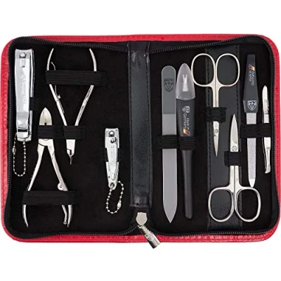 Imagen de DREI SCHWERTER Germany Spezia Set de viaje 10 piezas cuidado uñas en estuche piel sintética roja Contenido: tijeras para uñas, piel, alicates, pinzas, lima