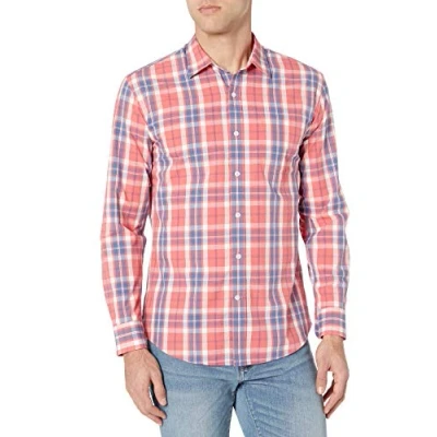 Imagen de Amazon Essentials Camisa Informal de Popelina con Manga Larga y Corte Recto Hombre, Rojo Efecto Lavado Cuadros Ventana, XXL