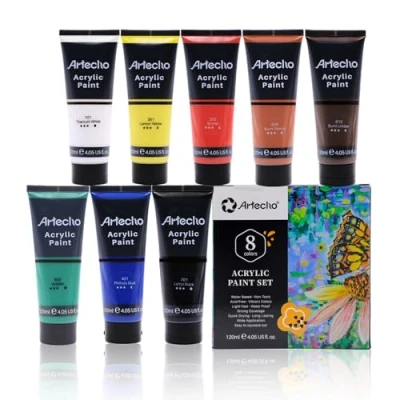 Imagen de Artecho Pinturas Acrilicas 8x120ml, Acrylic Paint Set, Impermeable y resistente a la luz, para Lienzos, Tela, Madera, Cristal, Piedras.
