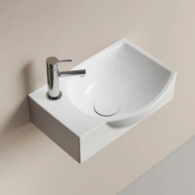 Imagen de EMKE Lavabo Suspendido 405 x 280 140 mm Compacto y Elegante para Pequeños Baños WC de Invitados Grifo a la Izquierda, Instalación en Pared, Blanco Brillante