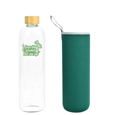 Imagen de Botella de Agua Cristal 1,5 L 1500 ML con Tapa Bambú Vidrio Borosilicato Funda Neopreno Verde Ecológica Save the planet fill me up Reciclable Reutilizable Libre Tóxicos sin BPA