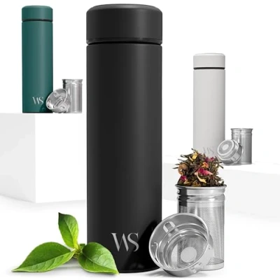 Imagen de Botella de Agua Térmica Doble Pared + Inserto da Fruta y Filtro para Té Conserva Frío Calor sin BPA Termo Hermético 450ml Acero Inoxidable Cantimplora Oficina Deporte Gimnasio Colegio