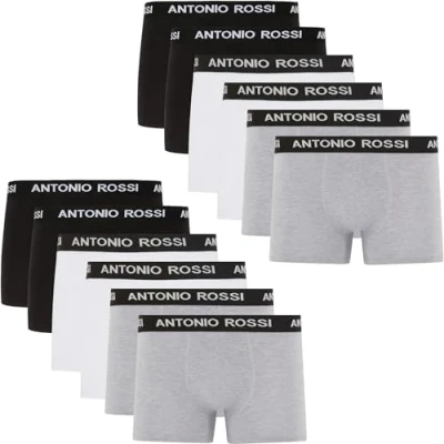 Imagen de ANTONIO ROSSI paquete de 12 boxers ajustados para hombre Calzoncillos tipo bóxer con cintura elástica Bóxers suaves y transpirables uso diario, Negro, Gris, Blanco, XL
