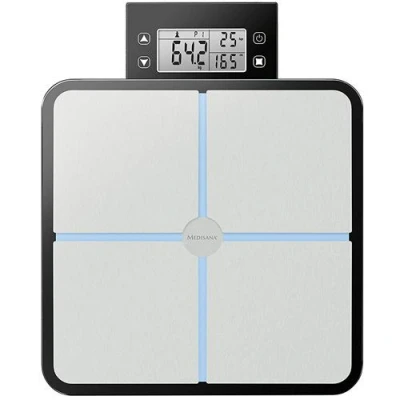 Imagen de medisana BS 460 Báscula digital de composición corporal, con pantalla LCD extraíble, Medición grasa Agua Masa muscular y peso óseo, Hasta 180 kg, Negro/Plata