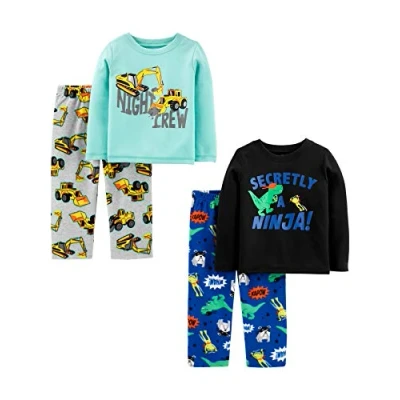 Imagen de Simple Joys by Carter&#039;s 4 Piece Pajama Set (Cotton Top &amp; Fleece Bottom) Conjunto de Pijama, Azul Agua Camiones/Azul Cobalto/Gris Construcción/Negro, 5 años para Niños