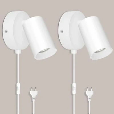 Imagen de TaFiCo 2 Piezas Aplique Pared con Enchufe y Interruptor Blanco GU10 Lampara de Cable Moderno Giratorio 350 7W Apliques Dormitorio Salón Pasillo Sin Bombillas