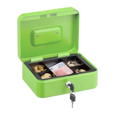 Imagen de Relaxdays Caja de Dinero, Cerradura, Bandeja Extraíble, 5 Compartimentos, Cajita Hierro, 8,5 x 20 17 cm, Verde