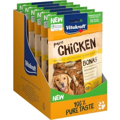 Imagen de Vitakraft Chicken Bonas, golosinas para Perros sin Cereales, de Piel Vacuno con Pollo, como Entrenamiento o recompensa, en Bolsa resellable, azúcar añadido (7 x 80 g)