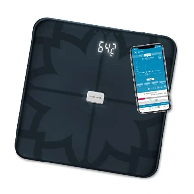 Imagen de medisana BS 450 connect Báscula digital corporal, personal, de grasa corporal con aplicación, Medición Agua Masa muscular y peso óseo, Negro