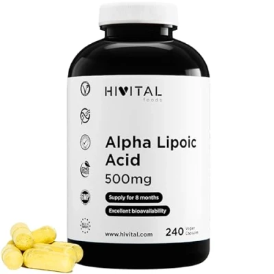 Imagen de Ácido Alfa Lipoico (ALA) 500 mg. 240 cápsulas veganas para 8 meses de tratamiento. Antioxidante que ayuda a reducir la inflamación, frena el envejecimiento, y mejora energía sistema nervioso
