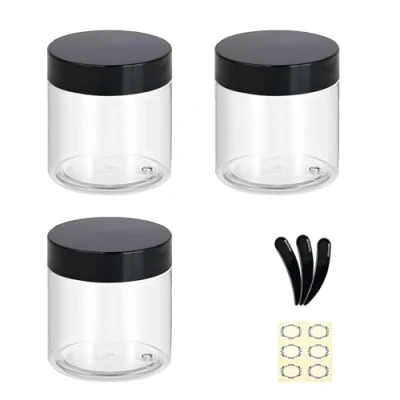 Imagen de Apstaqeoo 3 tarros de plástico vacíos 200 ml con tapas negras, transparentes redondos para crema cara, contenedor cosméticos, tarro almacenamiento viaje forro interior