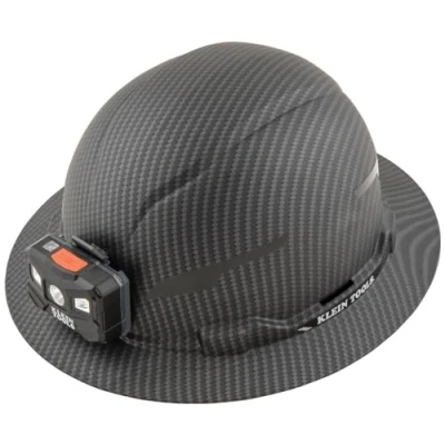 Imagen de Klein Tools 60346 Casco Duro, ala Completa sin ventilación, Clase E, patrón KARBN Premium, lámpara Recargable, Banda Acolchada Que Absorbe el Sudor, Almohadilla Superior