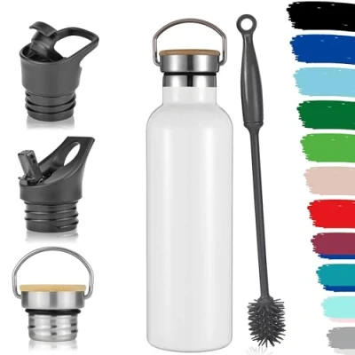 Imagen de Milu botella de acero inoxidable 350 ml, 500 750 1 l (+3 tapas) termo con paja, agua, para bebidas calientes, frías y carbonatadas (blanco, ml)
