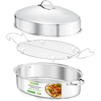 Imagen de Nutrichef bandeja ovalada para honear, Con separador, Tapa, Asadera, Asas, Rejilla extraible, Ideal cocinar pavo, Pollo, Guisos, Acero inoxidable, Apto lavavajillas