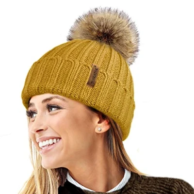 Imagen de TOSKATOK® Invierno de Las Mujeres Costilla Punto Hat/Beanie con Desmontable Piel Falsa Chunky Pom Bobble