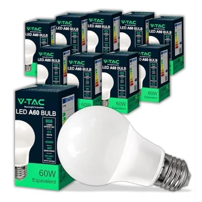 Imagen de V TAC 10x Bombillas LED E27 A60 [Máxima Eficiencia] 8,5W (Equivalente a 60W) 806 Lumen Apertura del Haz de Luz 200 Bombilla Ahorro Energético 4000K Blanco Neutro