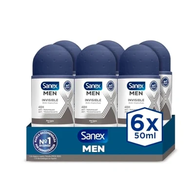 Imagen de Sanex Men Dermo Invisible Desodorante Roll On para Hombre, Protección 24H, Antitranspirante, Anti Irritación, 0% Alcohol, Combate el Mal Olor, Manchas Blancas, Pack 6 Uds x 50ml