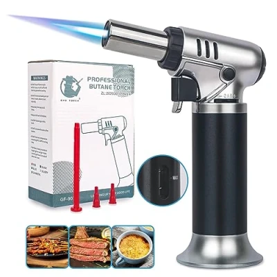 Imagen de VORHOT Soplete de Cocina, Ajustable y Recargable Gas con Cerradura Seguridad, Profesional Antorcha Butano Encendedor para Barbacóa Brulée Crema Cámping DIY(Gas No Incluido)