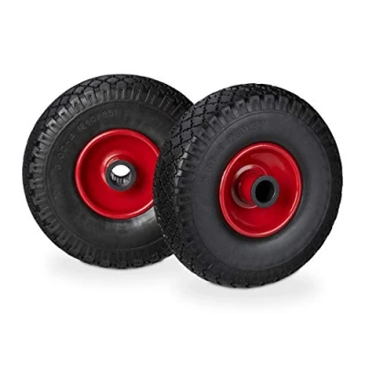 Imagen de Relaxdays Set de dos ruedas carretilla, Neumático goma 3.00 4, Eje 25mm, Hasta 100 kg, Negro rojo