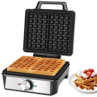 Imagen de Aigostar Gofrera para 2 Gofres 1600W, Placas Hondas Antiadherentes, 20,2x17,2x2 cm, Temperatura Regulable e Indicador LED, Diseño Compacto, Libre de BPA, Acero Inoxidable y Negro, Savory