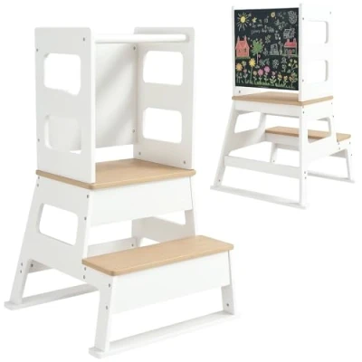 Imagen de AIYAPLAY Torre de Aprendizaje 2 en 1 Taburete para Niños +3 Años con Pizarra y Barrera Seguridad Baño Cocina 55x52,5x87,5 cm Blanco