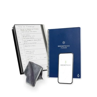 Imagen de Rocketbook Fusion Agenda de Productividad Sin fechas Reutilizable, Tamaño A5 15 cm x 22,4 cm, Azul Marino Objetivos, Calendario Mensual y Semanal, Listas Tareas Diarias, Páginas Rayas Puntos