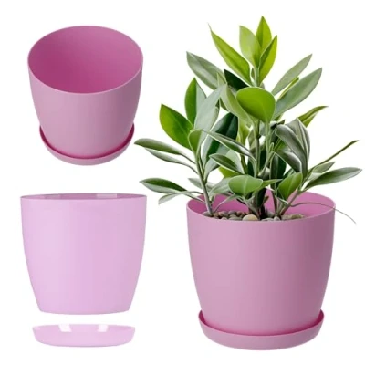 Imagen de KADAX Maceta con Plato, Redonda de plástico, Mate para Cactus, helechos, Brillante balcón, apartamento y terraza (25 cm, Rosa)