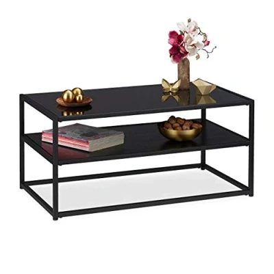 Imagen de Relaxdays Mesa Centro Cristal con Balda Inferior, Metal y Vidrio, 42 x 90 50 cm, Negro