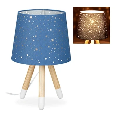 Imagen de Relaxdays Lámpara de mesa infantil, Para niños &amp; niñas, E14, Redonda, 40 cm, Estrellas, Azul