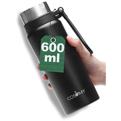 Imagen de Cosumy Botella Termica para Llevar Negra Acero inoxidable 600 ml Mantiene el Liquido Caliente Termo Cafe