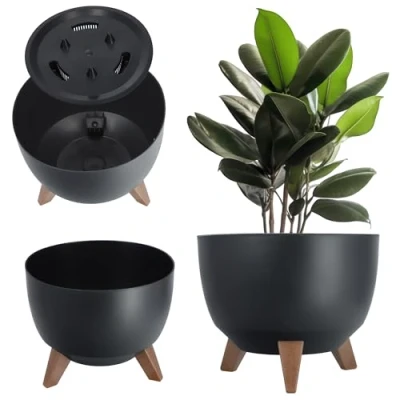 Imagen de KADAX Maceta Decorativa de Plástico con Soporte Integrado, Macetero Tres Patas Imitación Madera para Interior y Exterior (Negro, 29 cm)