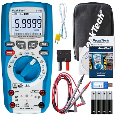 Imagen de PeakTech 3442 Multímetro Digital Rms con 60,000 Recuentos y Bluetooth 4.0, Mano Profesional, Retención Automática, Tuv/Gs, Medidor Voltaje, Probador Continuidad Cat III 1000V