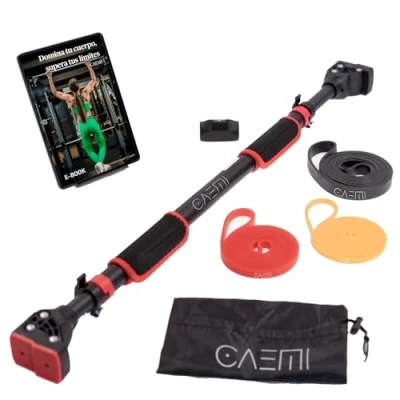 Imagen de CAEMI Barra dominadas pared ajustable, 72 110 cm, hasta 200 kg de puerta sin tornillos Pull up bar en casa + bandas elásticas ebook entrenamiento