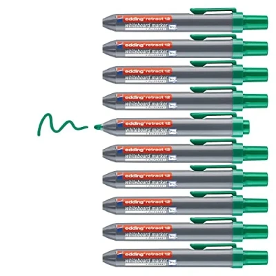 Imagen de edding retract 12 marcador para pizarras blancas verde 10 rotuladores punta redonda 1,5 3 mm sin tapa una sola mano blancas/magnéticas, flipcharts, tablones de notas