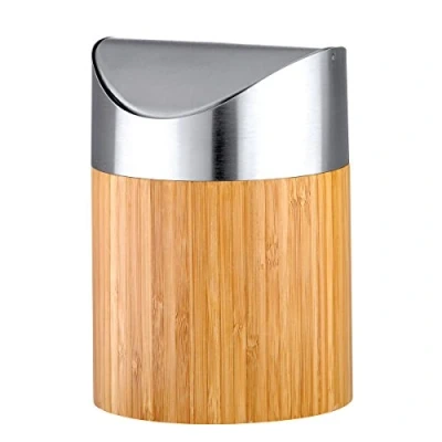 Imagen de axentia Bonja 116809 Minicubo de basura decorativo para baño (bambú y acero inoxidable, acabado cepillado mate, con tapa basculante, 0,8 L, 12 x 16,5 cm), color plateado madera