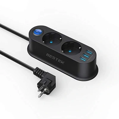 Imagen de BESTEK Regleta de 2 enchufes con 3 Puertos USB, Mini Toma Corriente 2500 W, Adecuada para el hogar, Campus, dormitorios, oficinas, Viajes y Otros escenarios