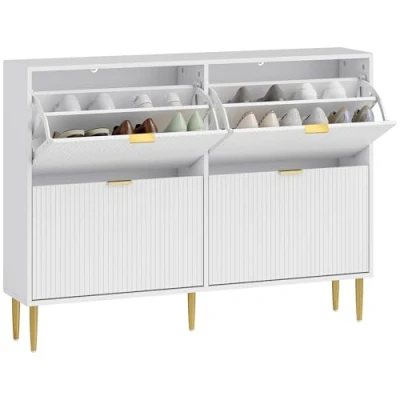 Imagen de HOMCOM Zapatero Estrecho con 4 Puertas Acanaladas Entrada Recibidor Estantes Ajustables para 20 Pares de Zapatos 105x24x91,5 cm Blanco
