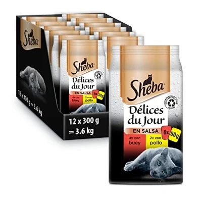 Imagen de Sheba Délices du Jour Comida húmeda para Gatos, Sabor Carnes, Multipack (Pack de 12 x 6 bolsitas 50g)