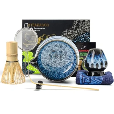 Imagen de TEANAGOO juego de 7 batidores matcha, matcha para ceremonia, kit azul junware, té hacer desayuno/café con leche, cuenco cerámica (chawan) boquilla y