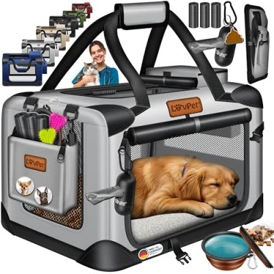 Imagen de LOVPET® Caja de Transporte para Perro y Gato, Bolsa Transporte, Plegable Incl. Comedero Bandolera, S 49,5x34,5x35cm Gris Claro