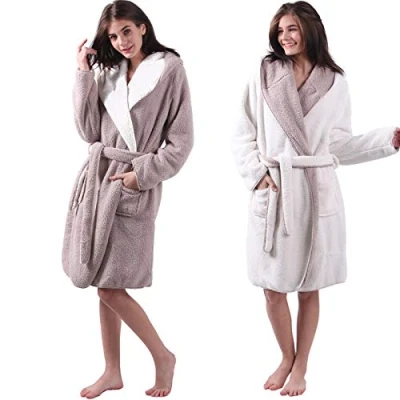 Imagen de HOMELEVEL Sherpa Albornoz reversible con capucha, aspecto de piel cordero, para hombre y mujer, Beige/Crema Mate, M