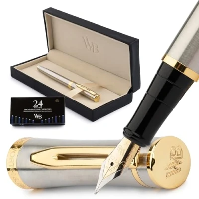 Imagen de Wordsworth &amp; Black Juego de plumas estilográficas finas, incluye 6 cartuchos tinta y un convertidor recarga tinta, estuche regalo, para caligrafía, escritura lisa, plateado dorado