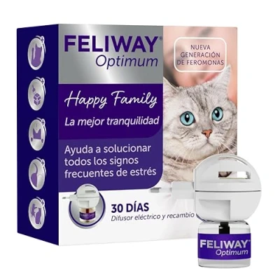 Imagen de FELIWAY Optimum Nueva Generación de Feromonas Soluciona todos los signos estrés del gato Arañazos, miedos, cambios, marcaje con orina, conflictos entre gatos Difusor + Recambio 48ml