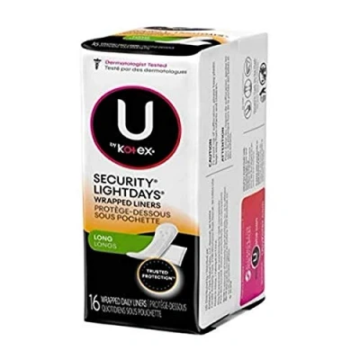 Imagen de U by Kotex Pantiliners absorbentes, largos, envueltos individualmente, sin aroma, 16 unidades