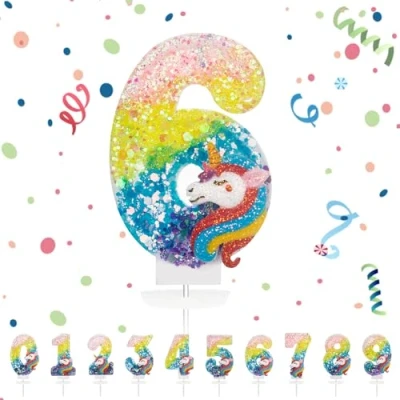 Imagen de Velas Cumpleaños Números 6,3D Unicornio Arco iris Vela,Vela de Número 6 Pastel Decoración,Aniversarios,Baby Shower