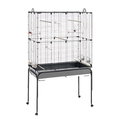 Imagen de Ferplast Espaciosa jaula para canarios, periquitos y pájaros exóticos PLANETA, con accesorios soporte ruedas repisa portaobjetos, alambre pintado negro cubeta marrón, 97 x 58 h 173,5 cm
