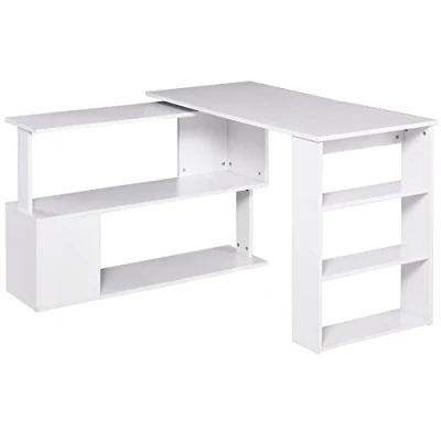 Imagen de HOMCOM Escritorio Esquinero Giratorio en L con Estantería Mesa de Estantes para Oficina Estudio 120x110x74,5 cm Blanco